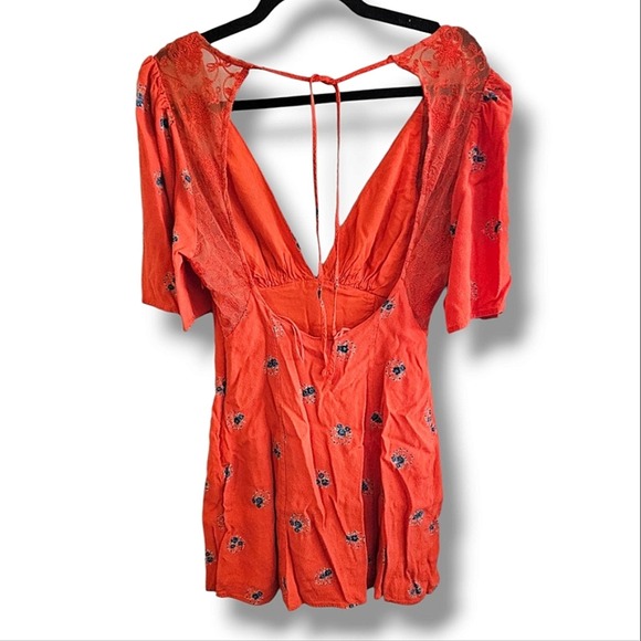 Free People Mockingbird Orange Red Floral Puff Sleeve Mini Dress Size 2 - Picture 3 of 6